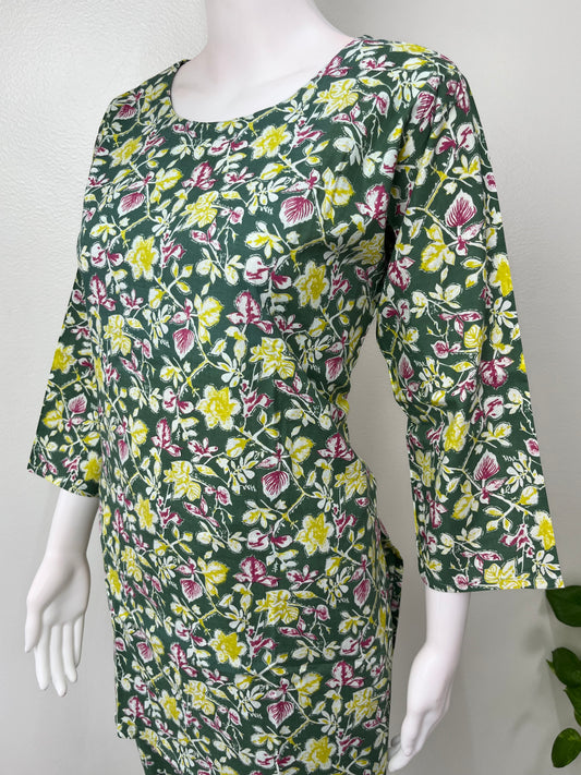 Printed Cotton Night Suit for Women -Dark Green