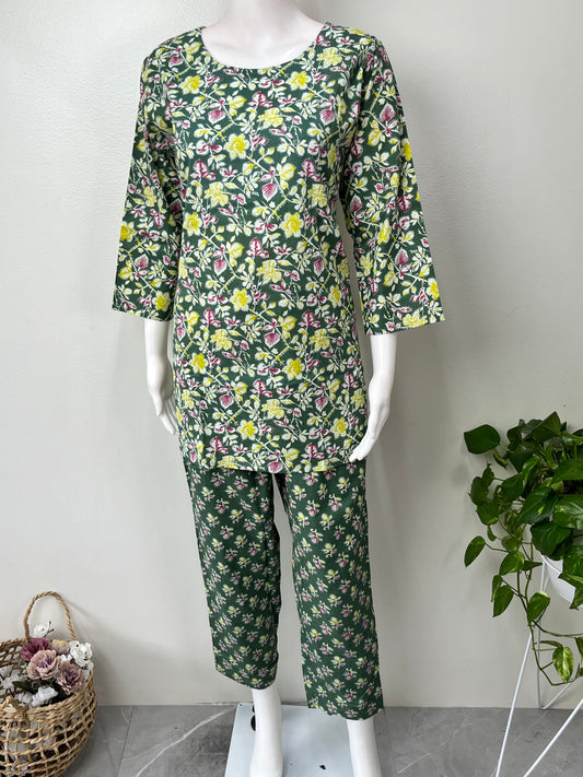 Printed Cotton Night Suit for Women -Dark Green