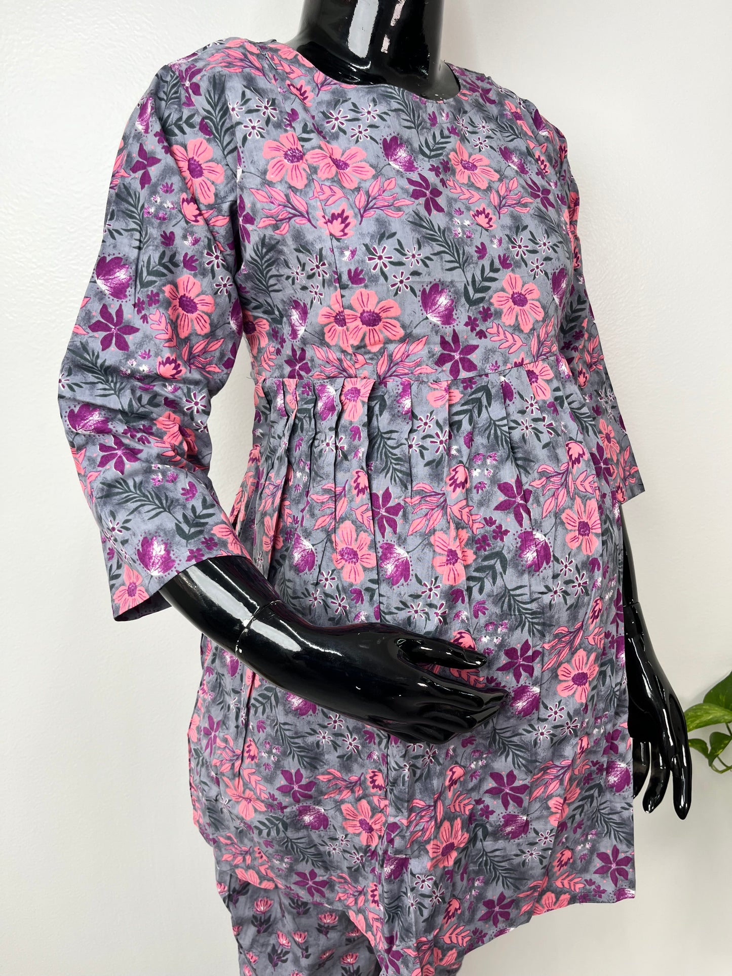 Grey & Pink Pure Cotton Fabric Maternity Co-ord Set