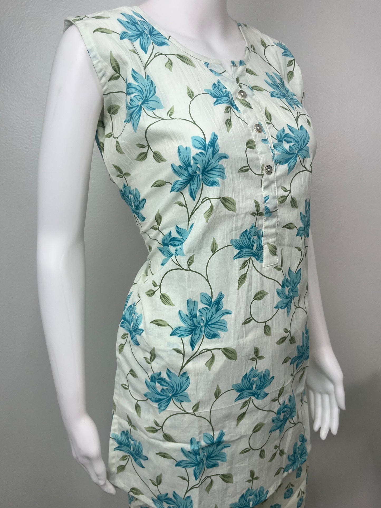 Blue Floral Sleeveless Pure Cotton Night Suit-Co-ord style