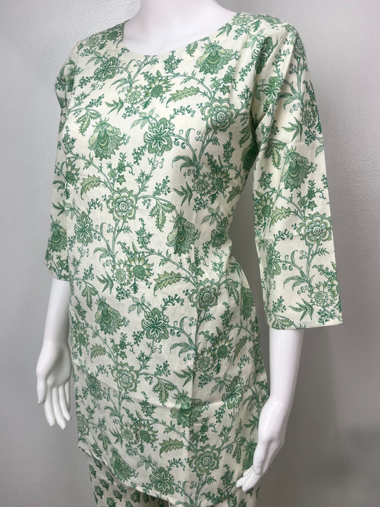 Green Floral Pure Cotton Night Suit Top & Bottom Set