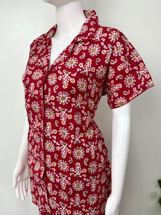 Red Cotton Button-Down Night Suit