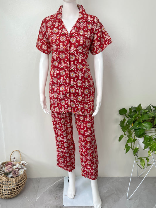 Red Cotton Button-Down Night Suit