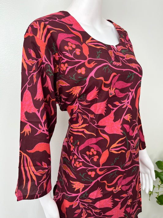 Tropical Vines Night Suit in Maroon