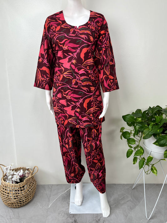 Tropical Vines Night Suit in Maroon