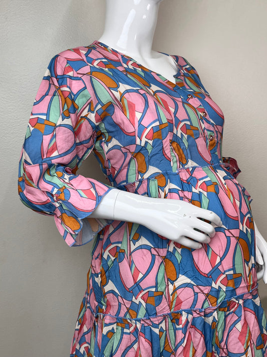 Blue & Pink Rayon Fabric Breathable Maternity Gown