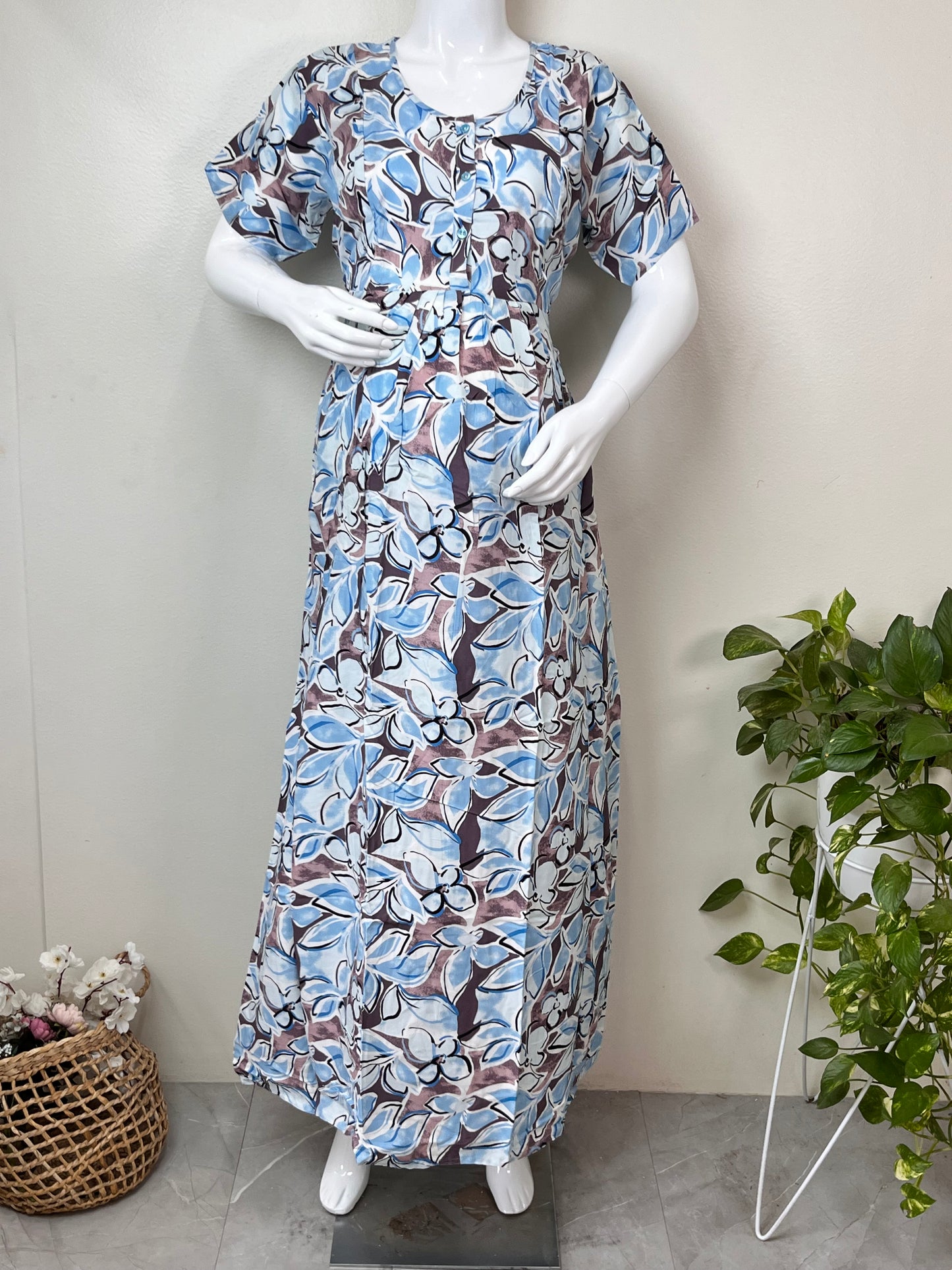 Rayon Fabric Blue & Brown Feeding Gown for Women