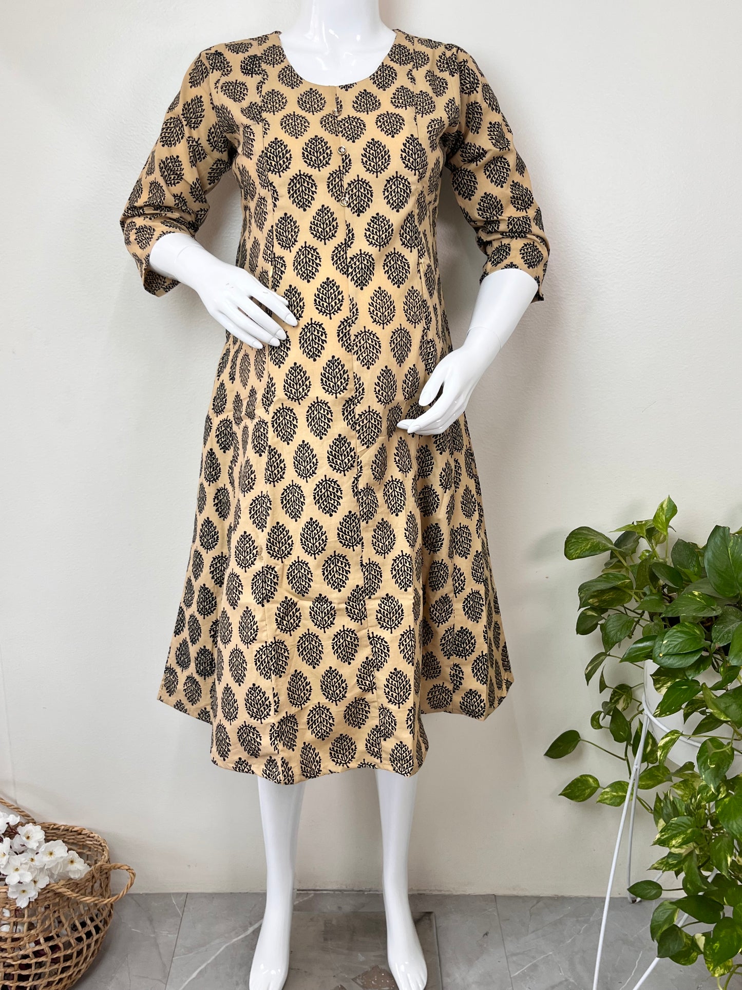Cream Pure Cotton Maternity Kurti with Easy Nursing Access