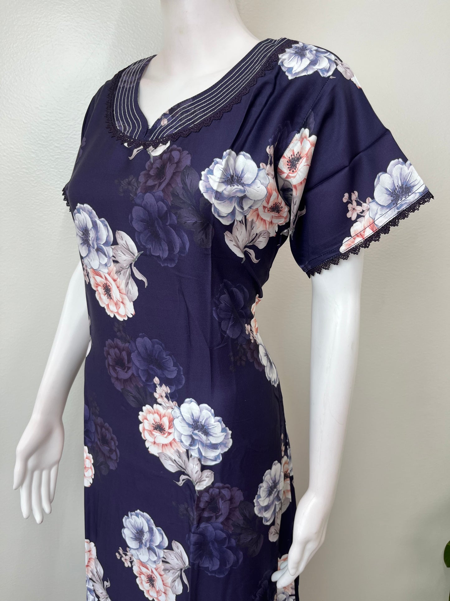 Navy Blue Satin Fabric Nighty Silky Texture