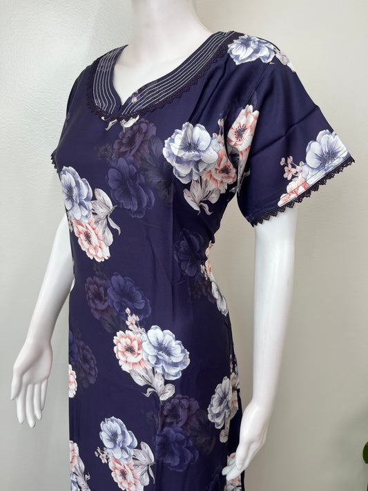 Navy Blue Satin Fabric Nighty Silky Texture