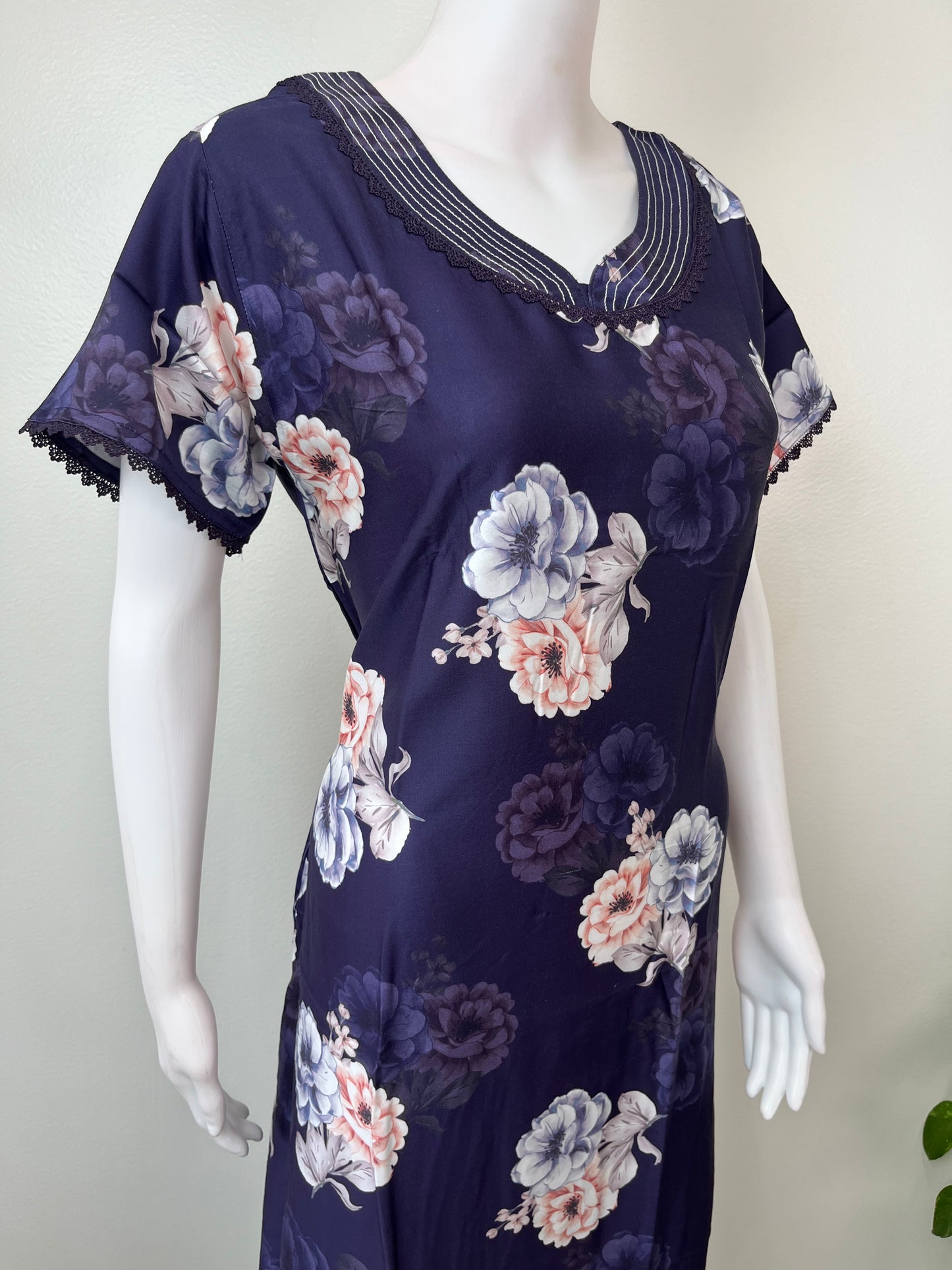 Navy Blue Satin Fabric Nighty Silky Texture