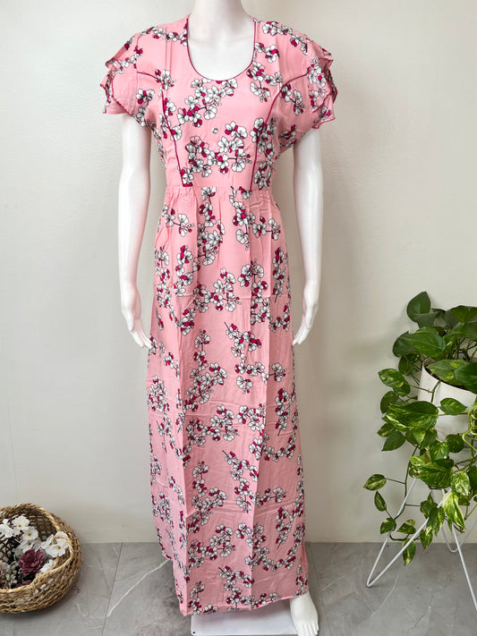 Baby Pink Floral Printed Rayon Nightgown