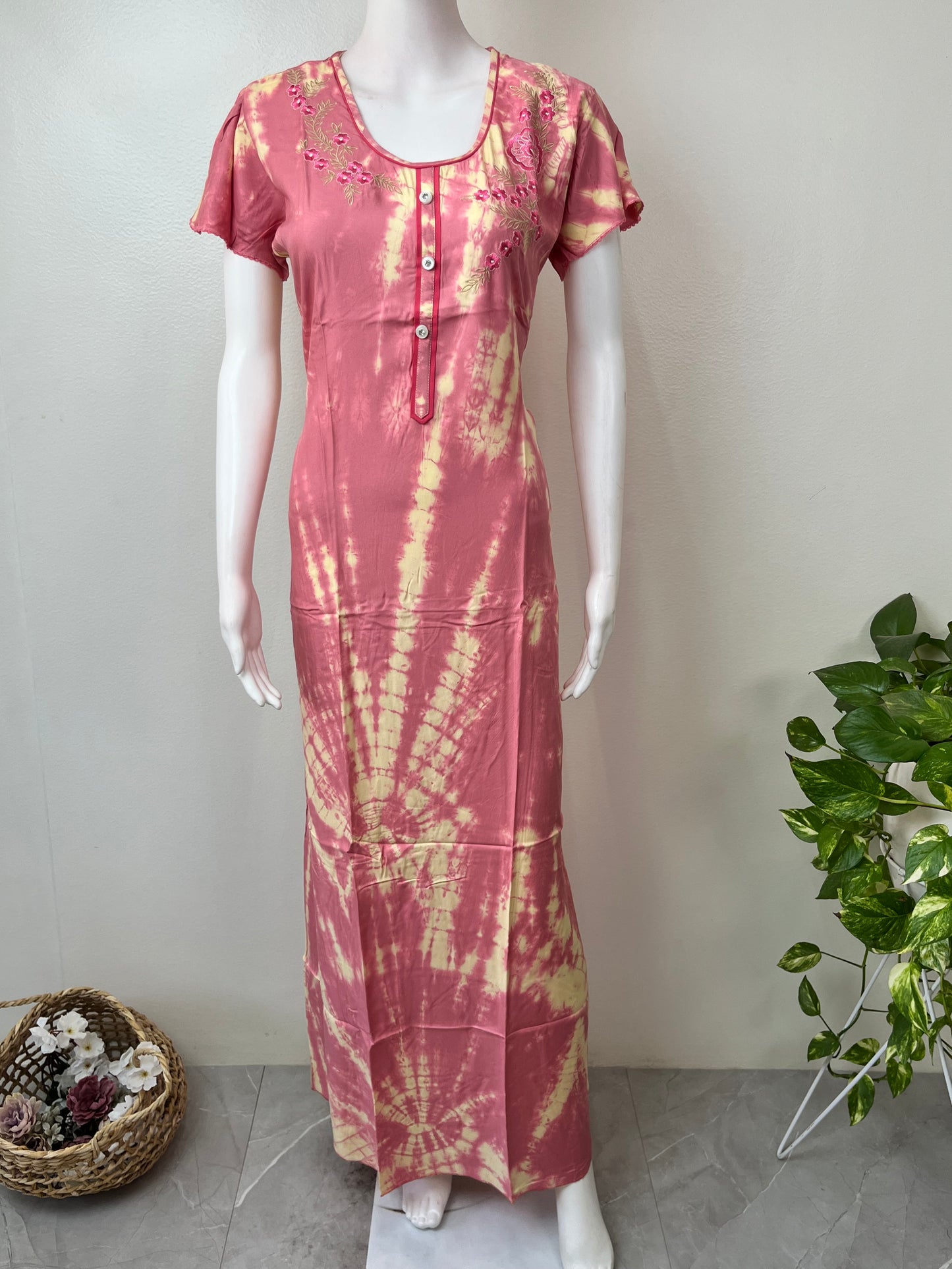 Pink Embroided Stylish Nighty for Women