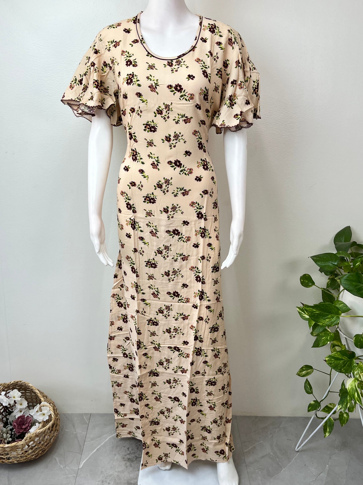 Yellow Rayon Fabric Nighty With Butterfly Sleeves