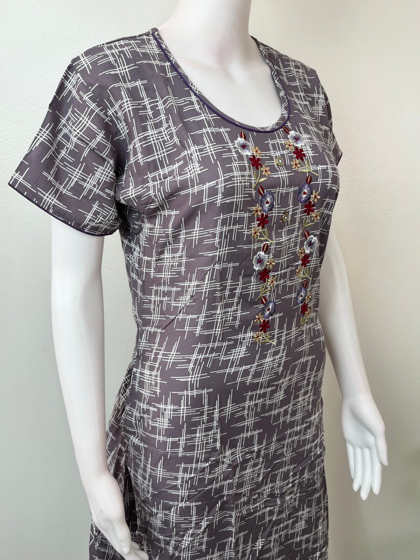 Wine Embroidered Rayon Nighty