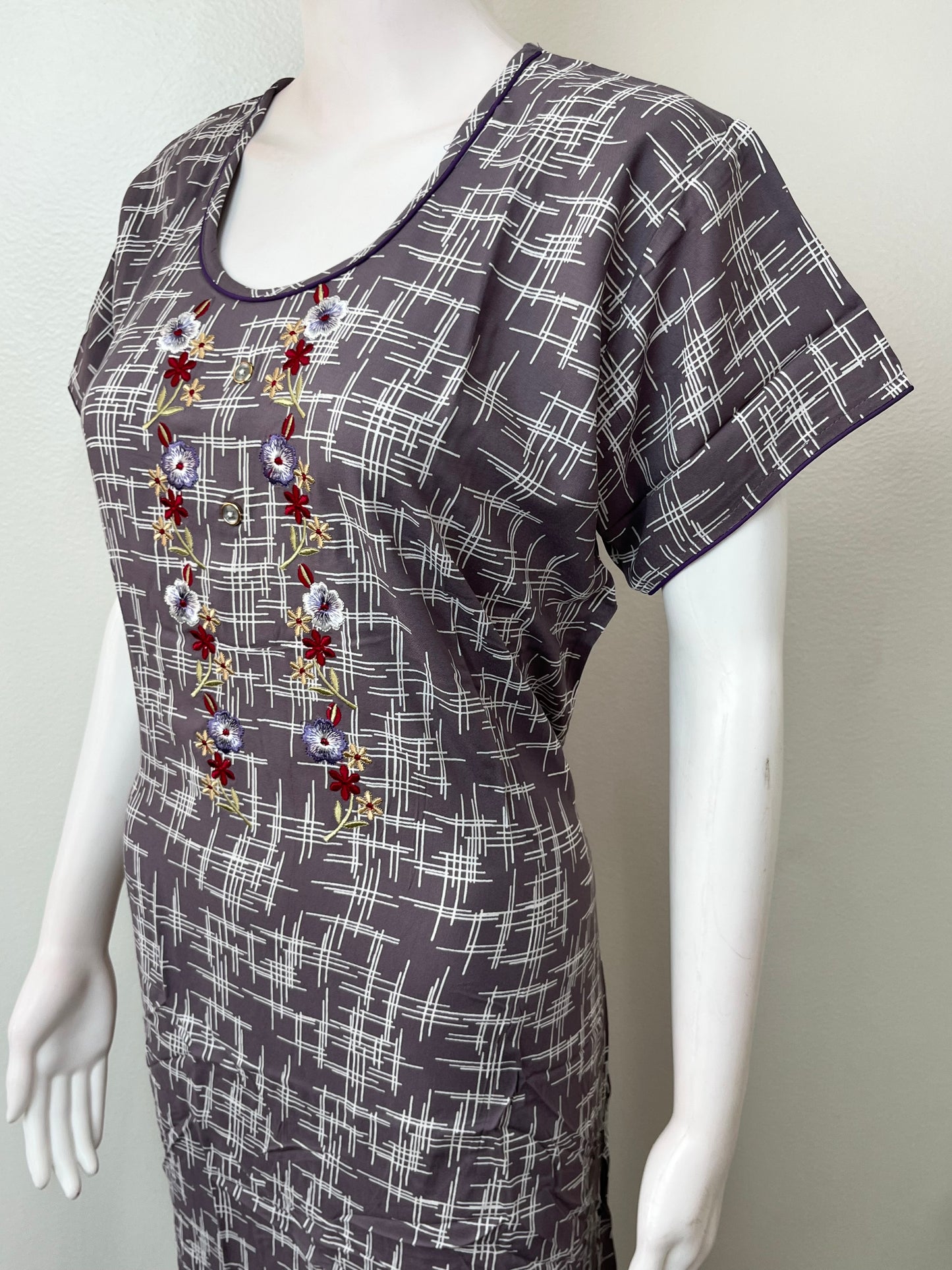 Wine Embroidered Rayon Nighty