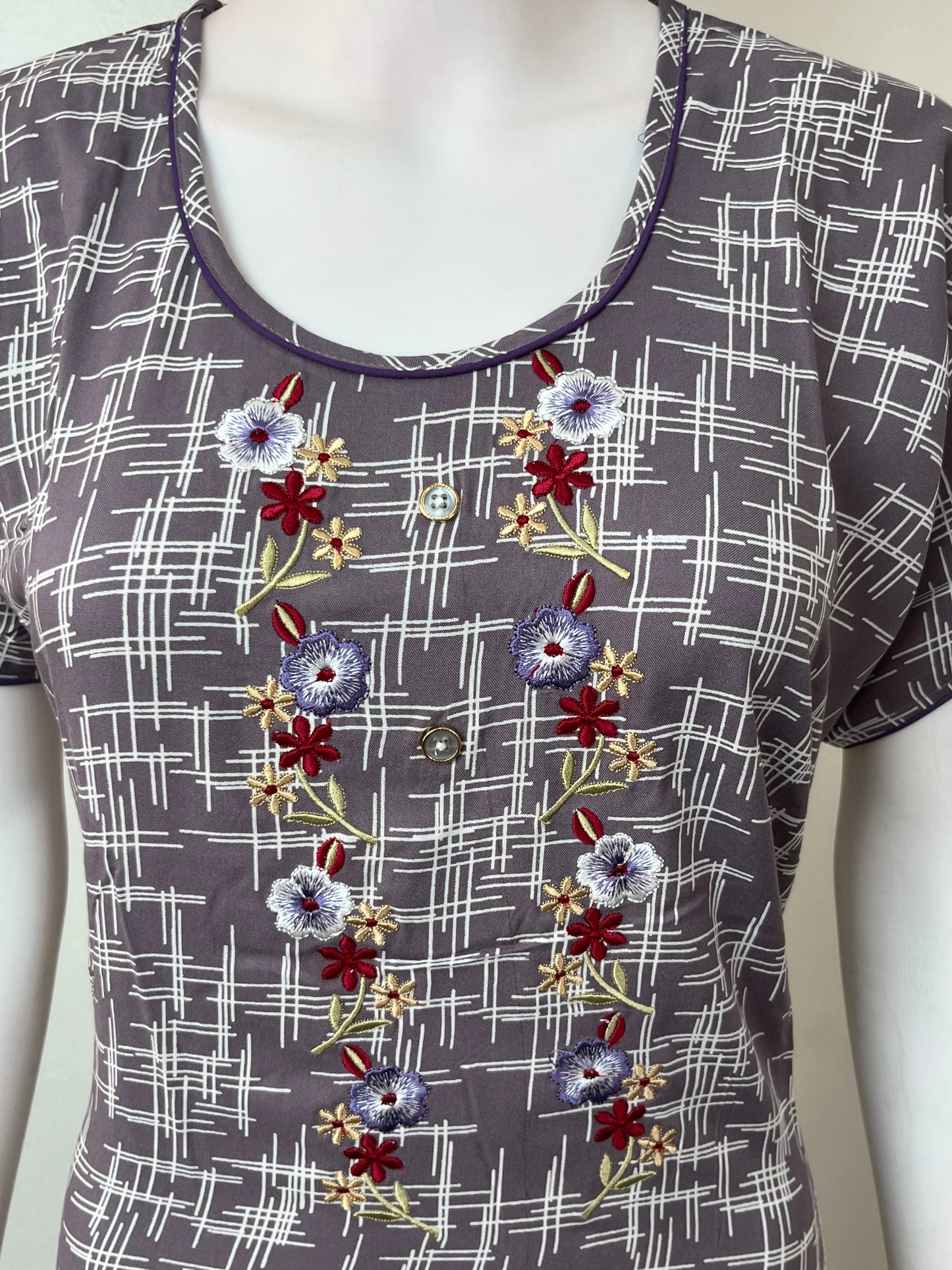 Wine Embroidered Rayon Nighty