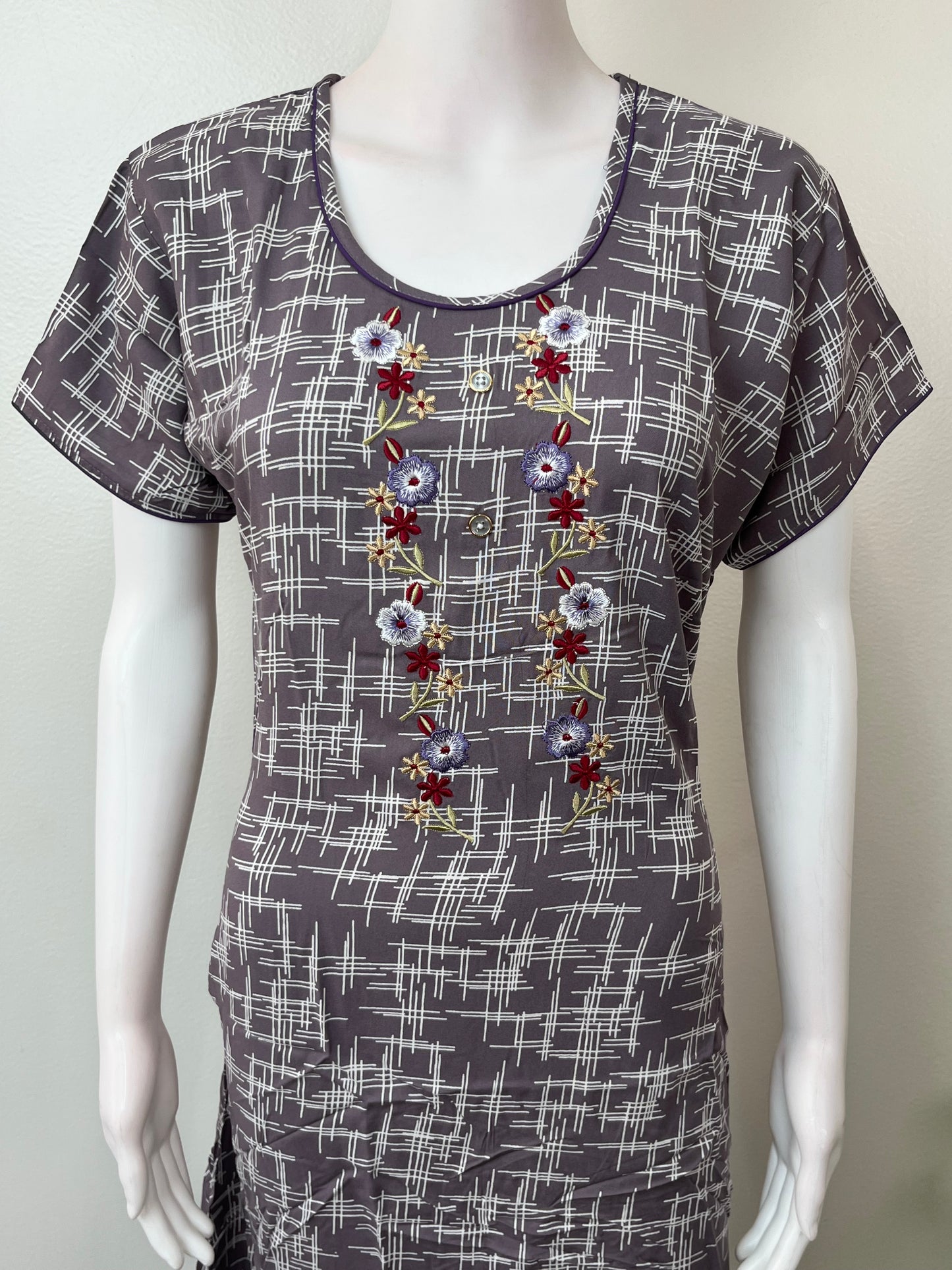 Wine Embroidered Rayon Nighty