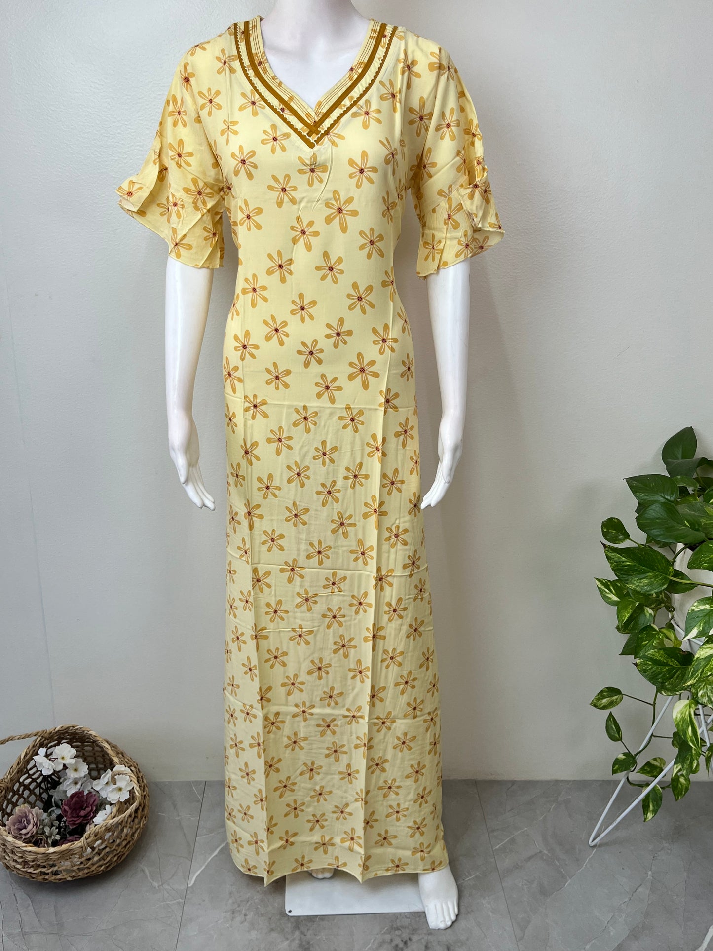 Lemon Yellow Floral Printed Rayon Fabric Nighty