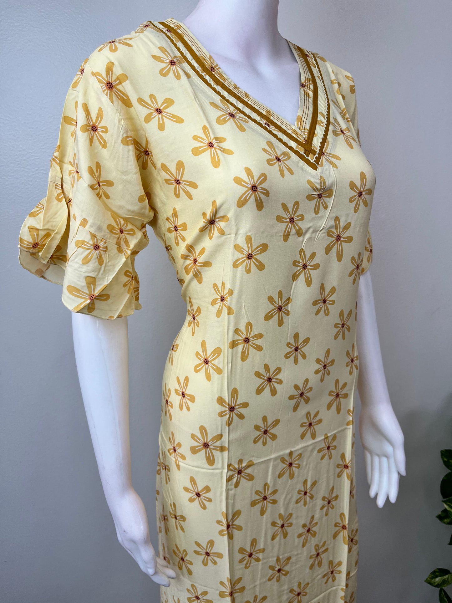 Lemon Yellow Floral Printed Rayon Fabric Nighty