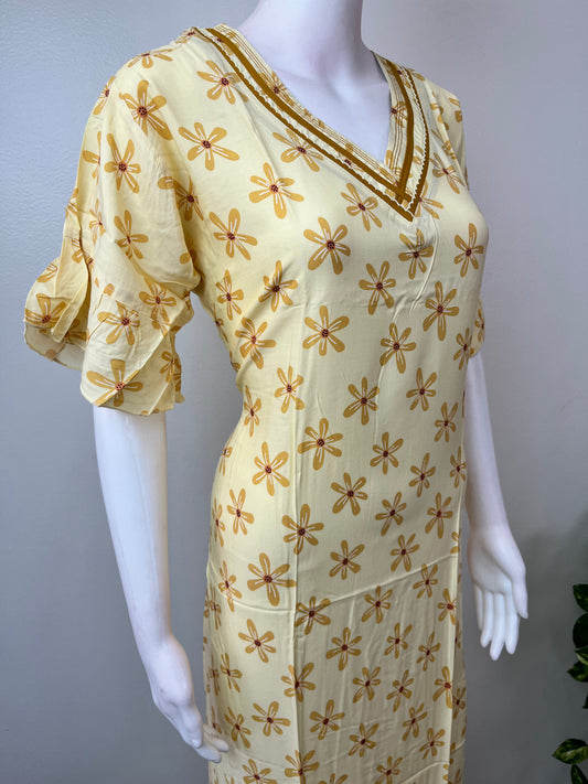 Lemon Yellow Floral Printed Rayon Fabric Nighty