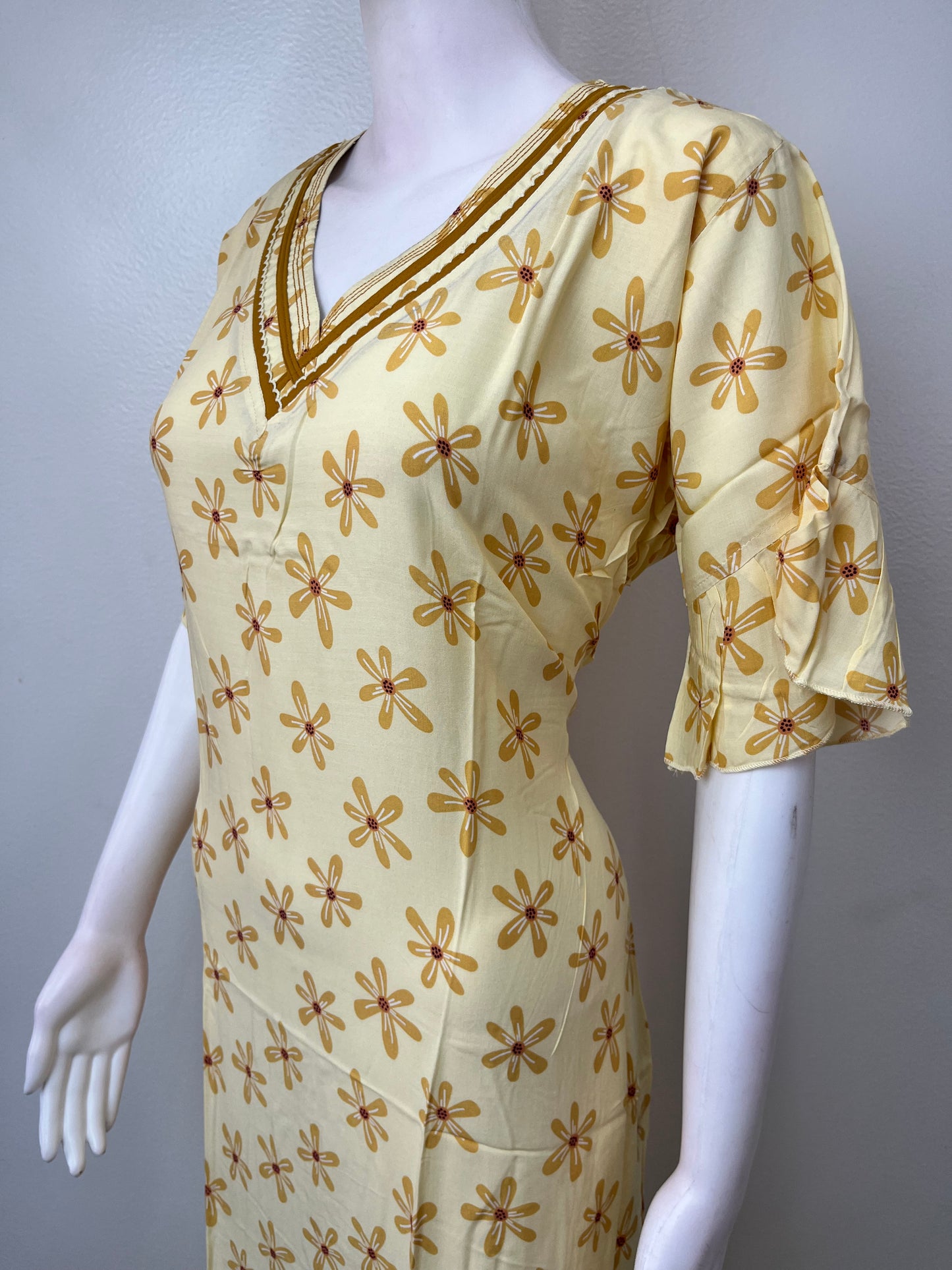 Lemon Yellow Floral Printed Rayon Fabric Nighty