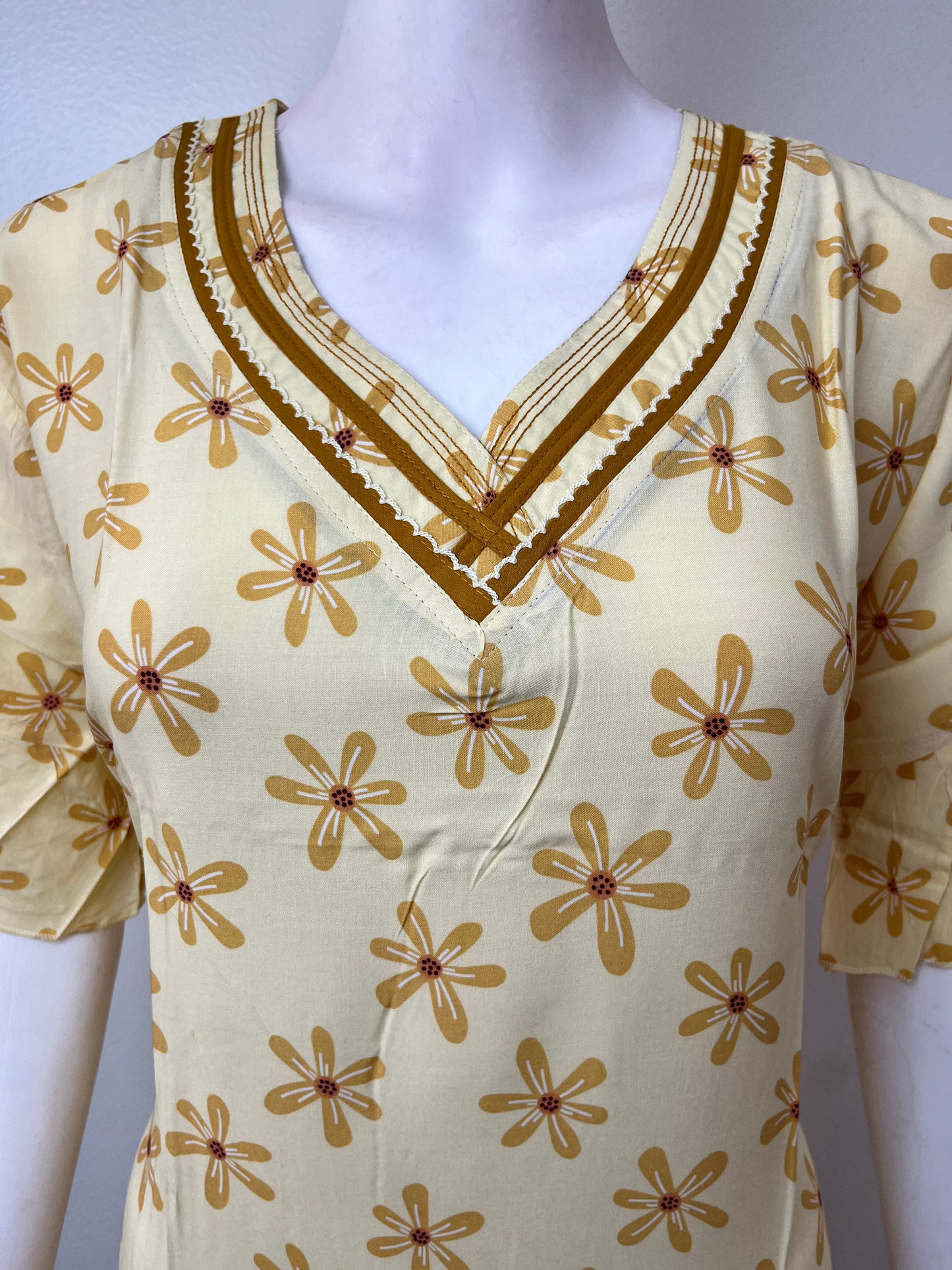 Lemon Yellow Floral Printed Rayon Fabric Nighty