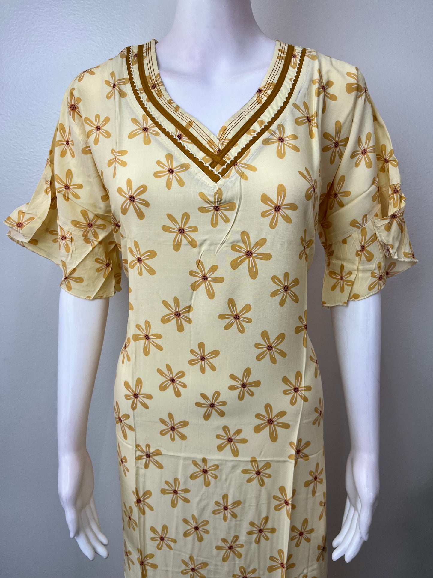Lemon Yellow Floral Printed Rayon Fabric Nighty