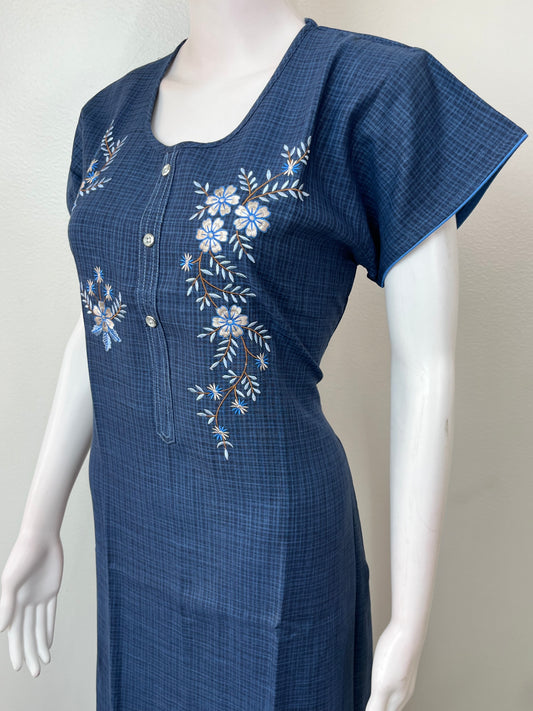 Navy Blue Printed Rayon Nighty