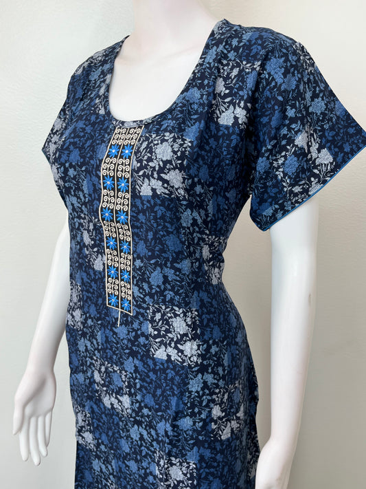 Navy Blue Printed Rayon Fabric Nighty for Women