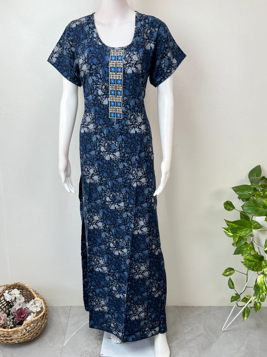 Navy Blue Printed Rayon Fabric Nighty for Women
