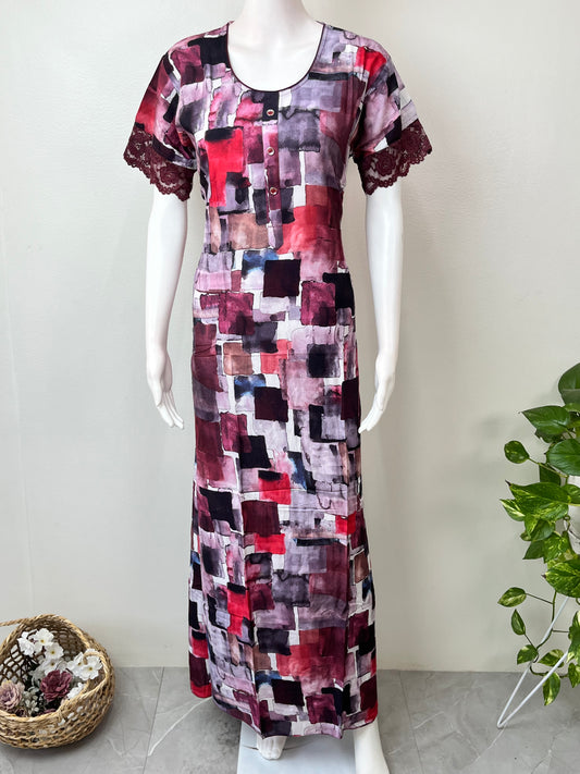 Red & Purple Rayon Fabric Nighty with Different Sleeves