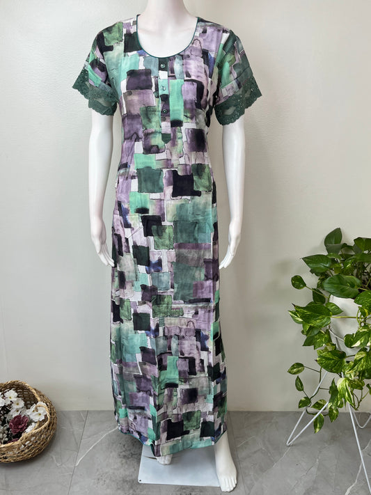 Green & Purple Soft & Breathable Rayon Fabric Nightgown