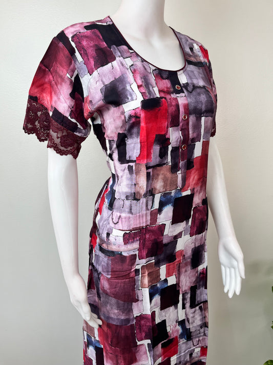 Red & Purple Rayon Fabric Nighty with Different Sleeves