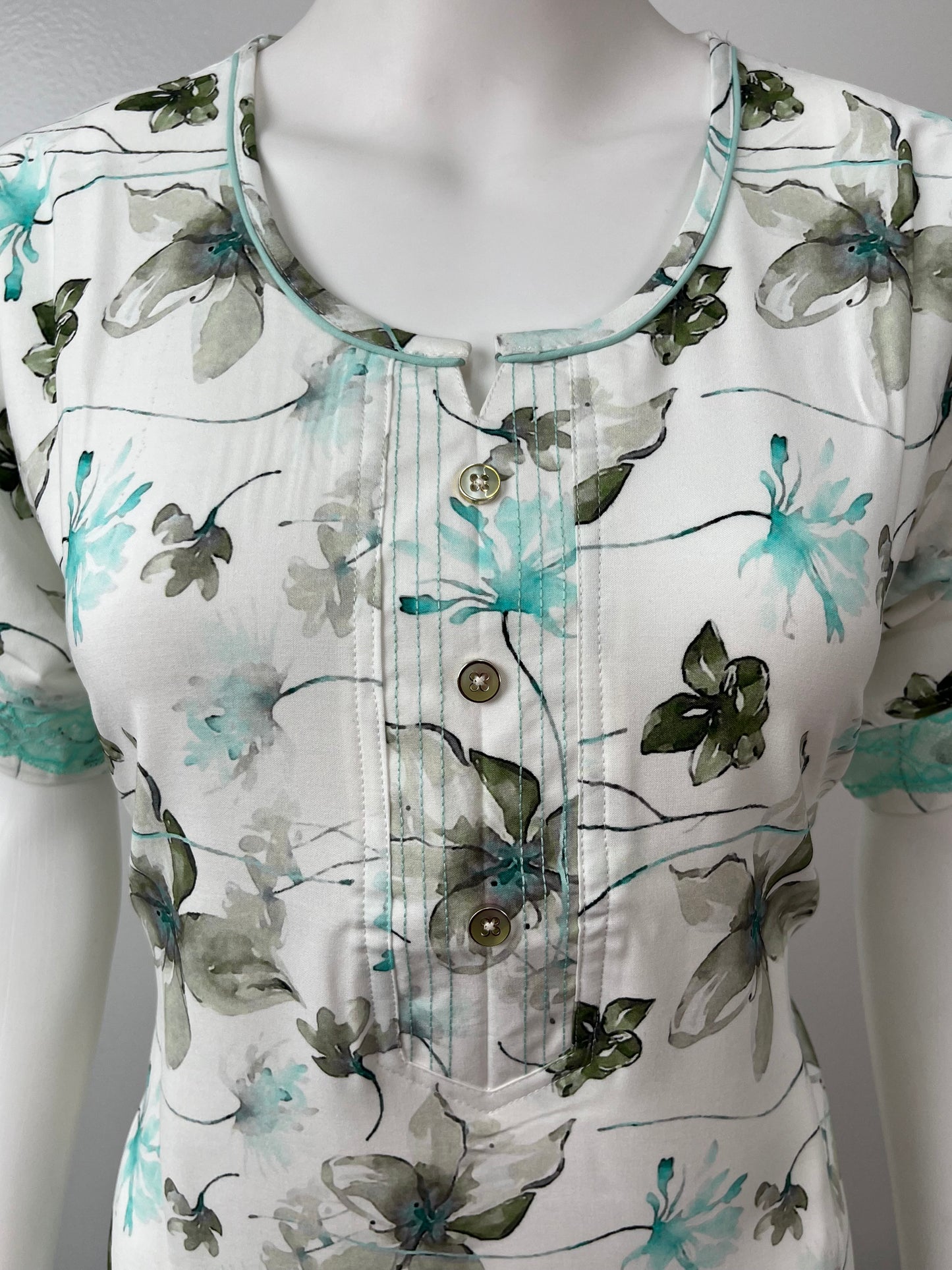 White Printed Rayon Nightgown Elegant with Lace