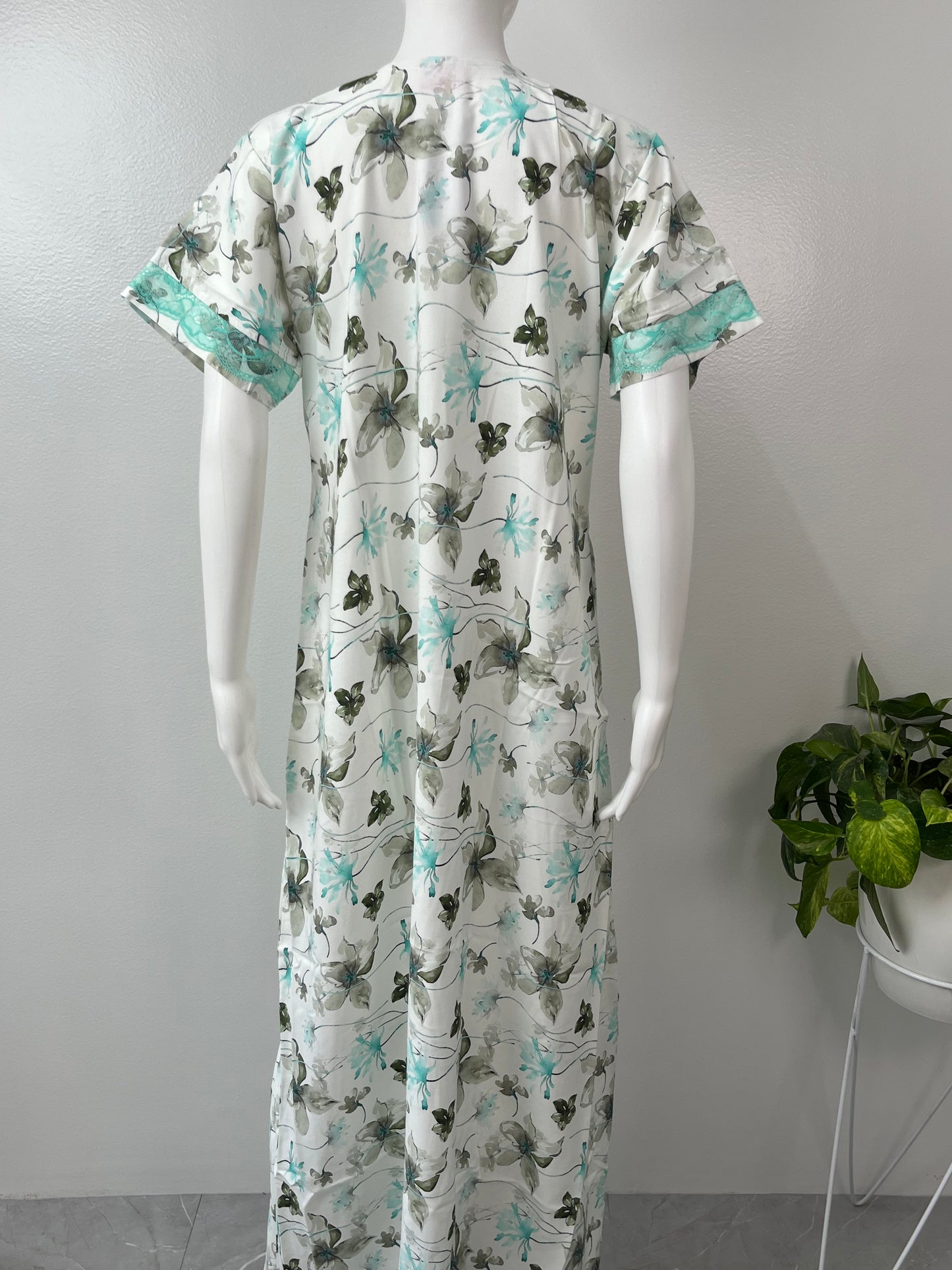 White Printed Rayon Nightgown Elegant with Lace