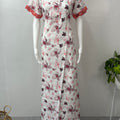 Red Printed Rayon Nighty for Women with Lace