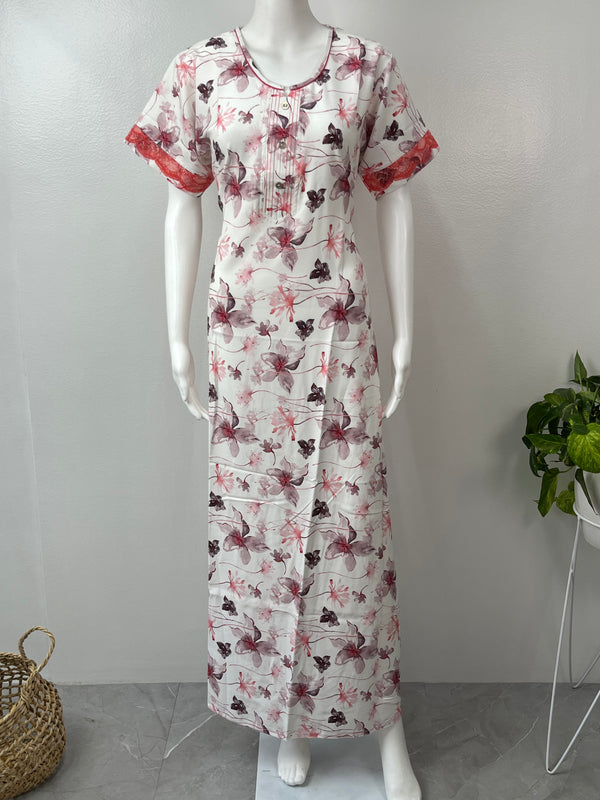 Red printed rayon nighty for women with lace detailing