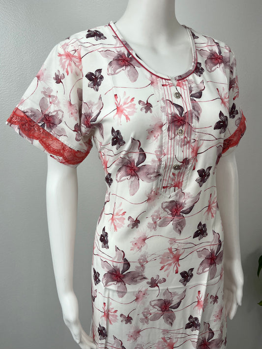 Red Printed Rayon Nighty for Women with Lace