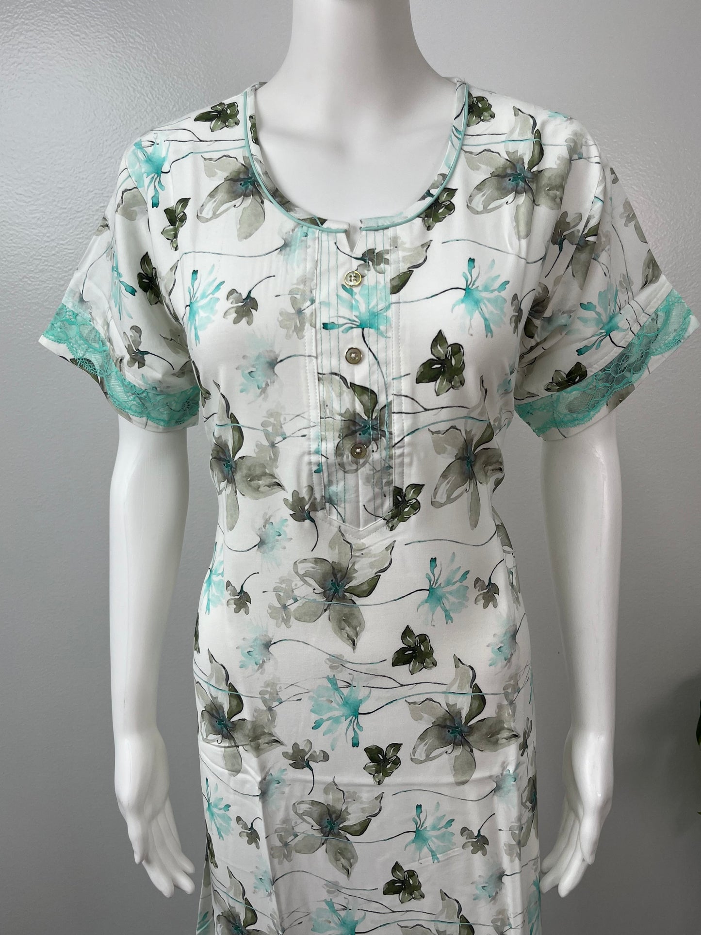 White Printed Rayon Nightgown Elegant with Lace