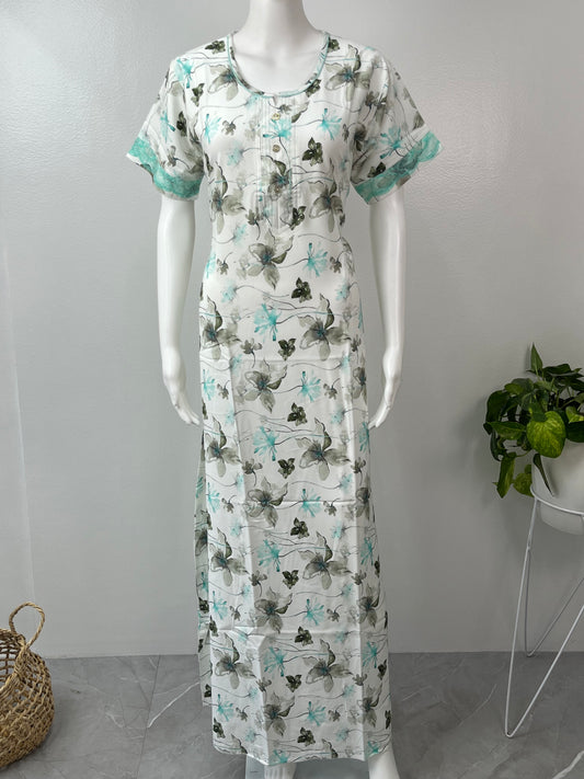 White Printed Rayon Nightgown Elegant with Lace