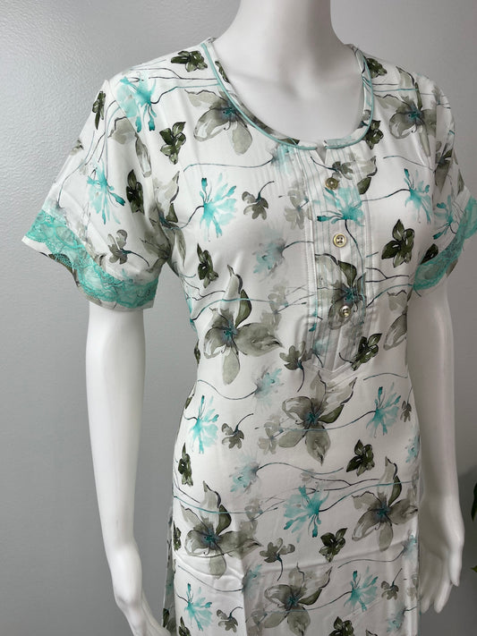 White Printed Rayon Nightgown Elegant with Lace