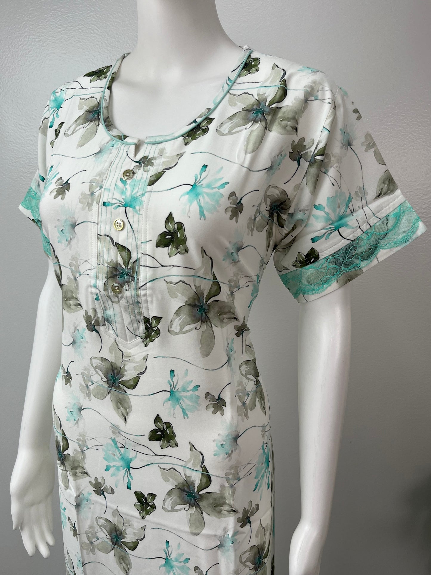 White Printed Rayon Nightgown Elegant with Lace