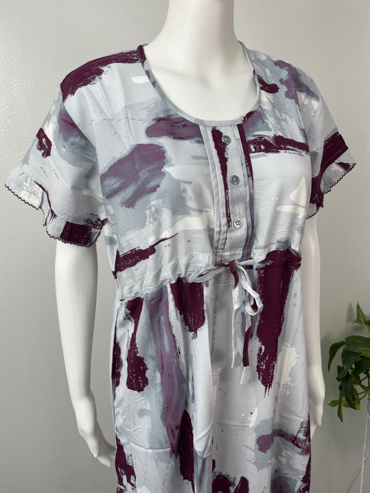 White Abstract Soft & Breathable Rayon Nightgown Perfect for All Seasons