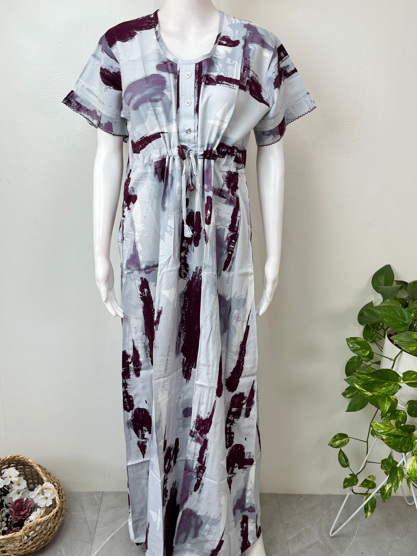 Gray Kaftan Style Rayon Fabric Nighty