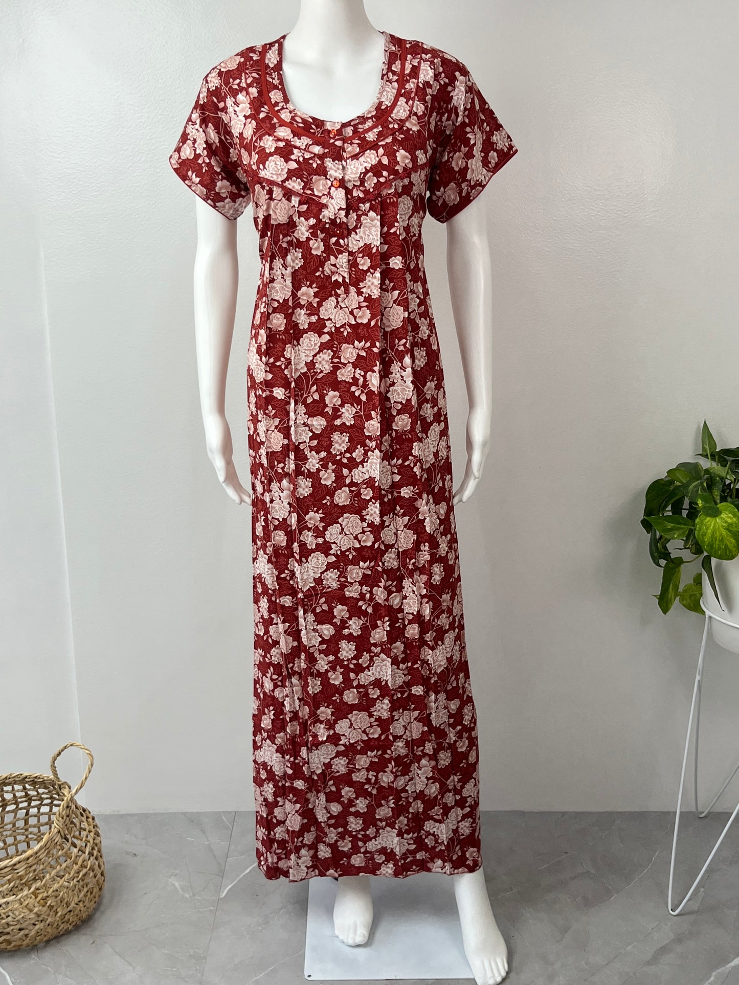 Red Printed Rayon Nightgown for Women
