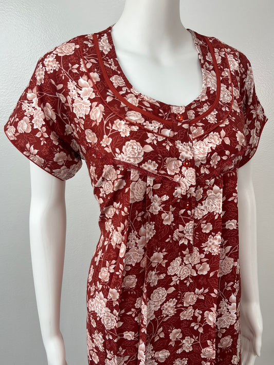 Red Printed Rayon Nightgown for Women