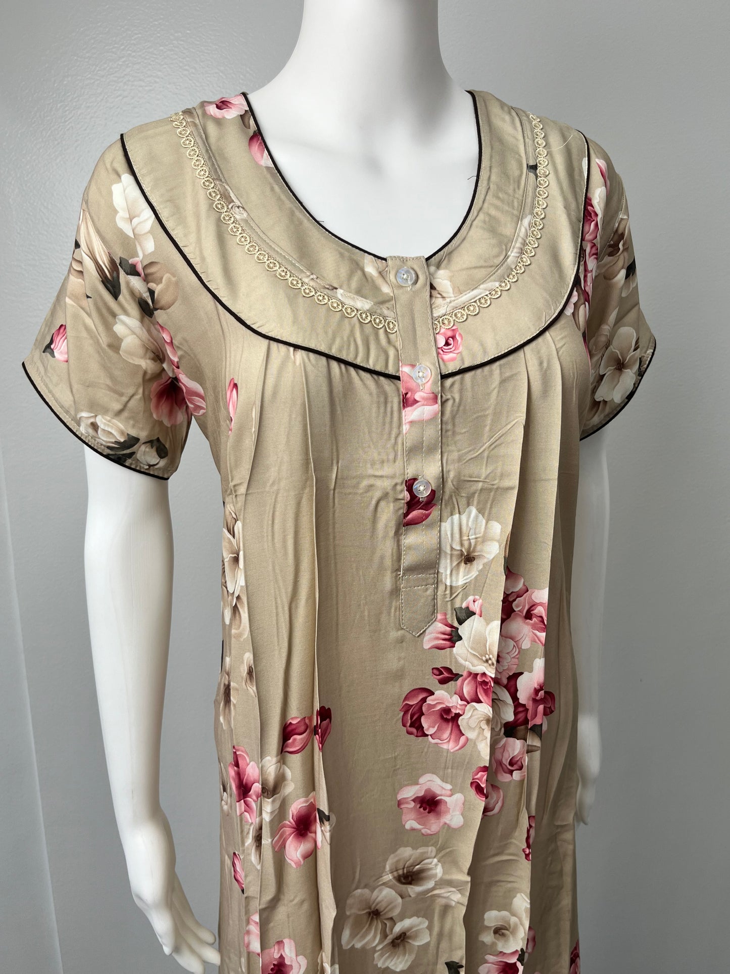 Beige Floral Printed Rayon Nighty for Women