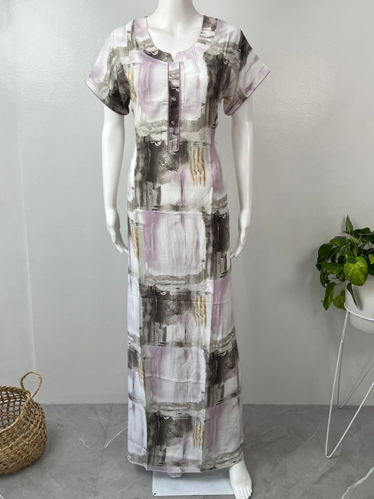White & Violet Printed Rayon Nightgown for Women