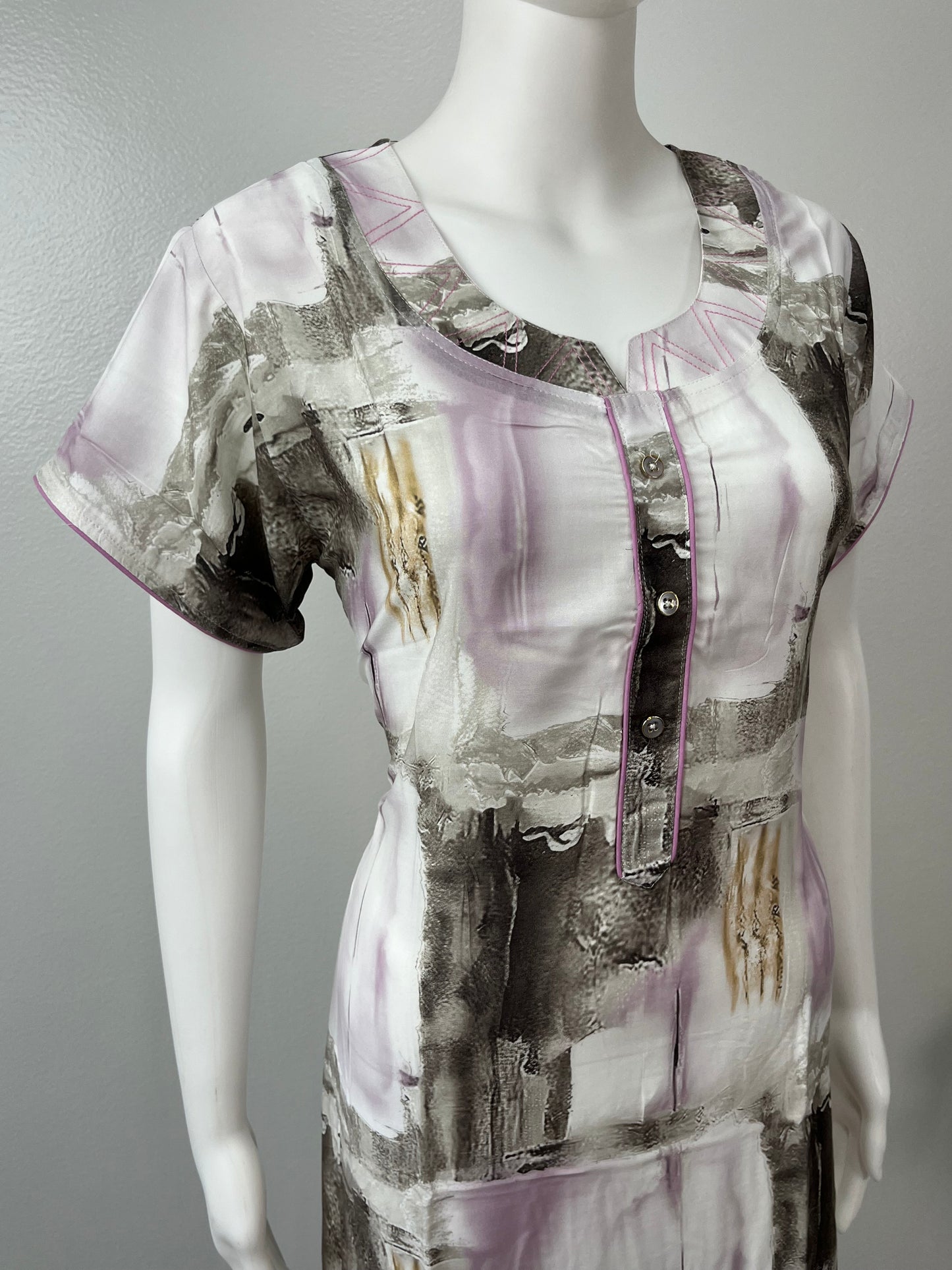 White & Violet Printed Rayon Nightgown for Women